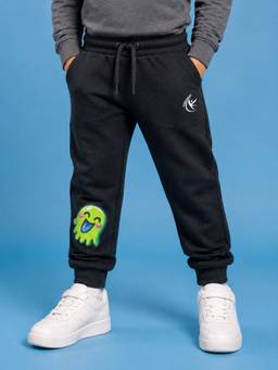 KiddoPanti - Boys Black Cute Monster Graphic Printed Joggers