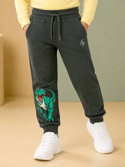 KiddoPanti - Boys Olive Dinosaur Graphic Printed Joggers