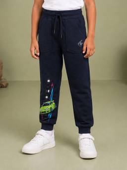 KiddoPanti - Boys Navy Blue Racing Car Graphic Printed Joggers
