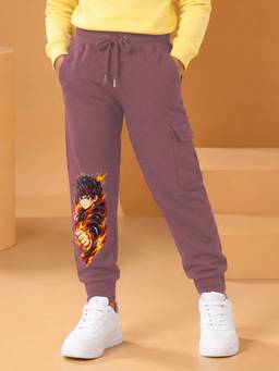 KiddoPanti - Boys Mauve Anime Hero Graphic Printed Joggers