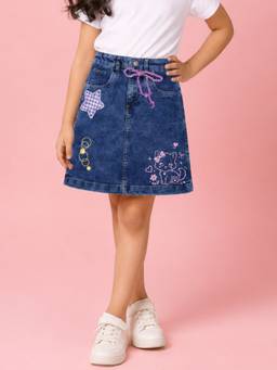 KiddoPanti - Girls Blue Denim Cat Graphic Printed Skirt