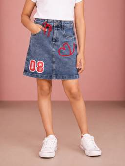 KiddoPanti - Girls Blue Denim Heart with Bow Tie Detailed Skirt