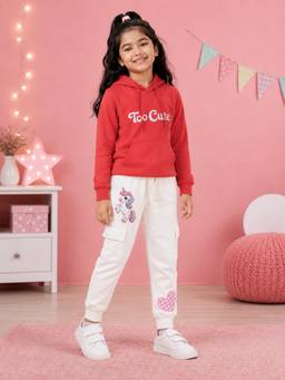 KiddoPanti - Girls Red-White Too Cute Unicorn Graphic Printed Hoodie with Joggers