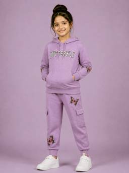 KiddoPanti - Girls Purple Butterfly Graphic Printed Hoodie with Joggers
