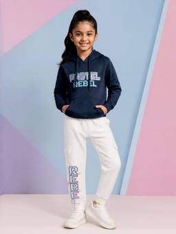 KiddoPanti - Girls Navy Blue-White Graphic Printed Hoodie with Joggers