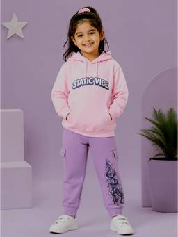KiddoPanti - Girls Pink-Purple Graphic Printed Hoodie with Joggers