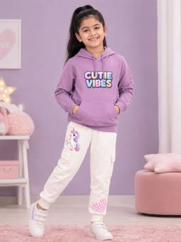 KiddoPanti - Girls Purple-White Cutie Graphic Printed Hoodie with Joggers
