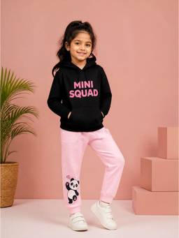 KiddoPanti - Girls Black-Pink Mini Squad Graphic Printed Hoodie with Joggers