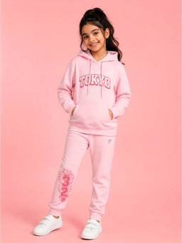 KiddoPanti - Girls Pink Text Printed Hoodie with Joggers