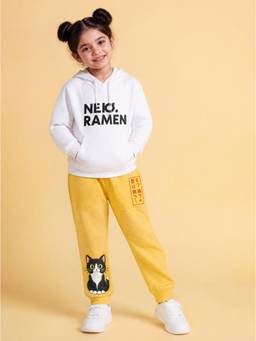 KiddoPanti - Girls White-Yellow Neko Ramen Graphic Printed Hoodie with Joggers