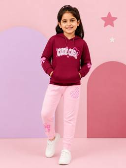 KiddoPanti - Girls Wine Text Printed Hoodie with Joggers