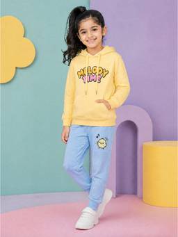 KiddoPanti - Girls Yellow-Blue Text Printed Hoodie with Joggers
