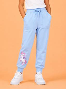 KiddoPanti - Girls Blue Unicorn Graphic Printed Joggers