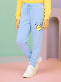 KiddoPanti - Girls Blue Cute Chick Music Graphic Printed Joggers