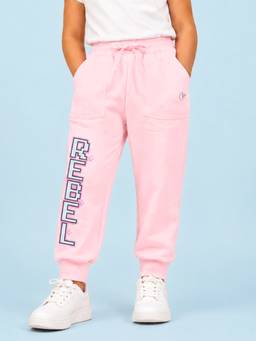 KiddoPanti - Girls Pink Rebel Text Printed Joggers