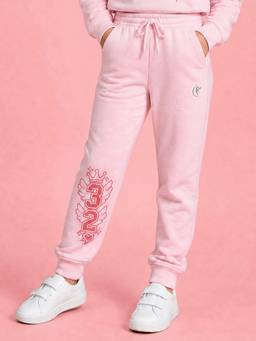 KiddoPanti - Girls Pink 32 Crown Wing Graphic Printed Joggers