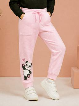 KiddoPanti - Girls Pink Cute Panda Graphic Printed Joggers
