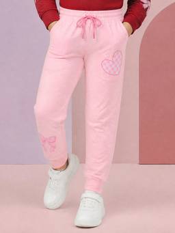 KiddoPanti - Girls Pink Heart Patch Bow Graphic Printed Joggers