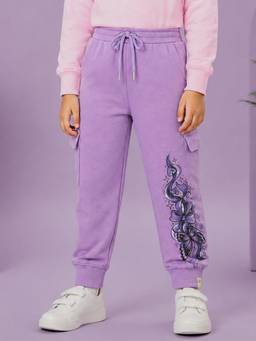 KiddoPanti - Girls Purple Bow and Butterfly Graphic Printed Joggers