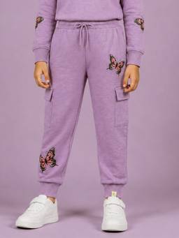 KiddoPanti - Girls Purple Butterfly Graphic Printed Joggers