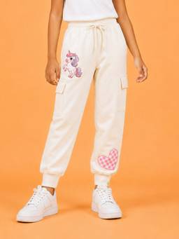 KiddoPanti - Girls Off White Unicorn Graphic and Gingham Heart Printed Joggers
