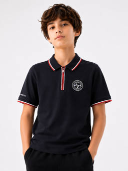 Alan Jones - Boys Dark Navy Blue Honey Comb Knit Zipper Polo T-shirt