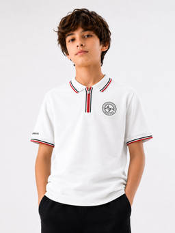 Alan Jones - Boys White Honey Comb Knit Zipper Polo T-shirt