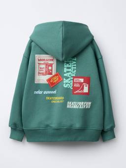 Alan Jones - Boys Sage Green Text Printed Oversized Hoodie