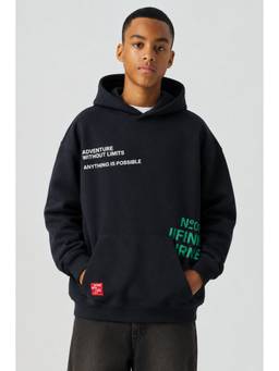 Alan Jones - Boys Dark Navy Text Printed Oversized Hoodie