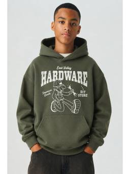 Alan Jones - Boys Olive Placement Graphic Printed Oversized Hoodie