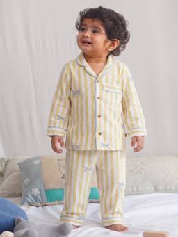 Cocoon Care - Unisex Yellow Muslin Cotton Stripes Printed Shirt with Pyjama