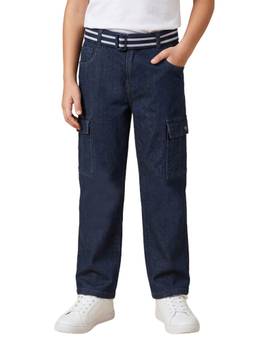 CAVIO - Boys Dark Navy Blue Cotton Solid Cargo Pocket Jeans with Belt