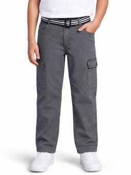 CAVIO - Boys Light Grey Cotton Solid Cargo with Belt