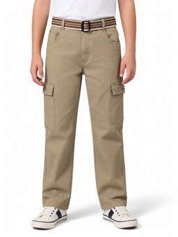CAVIO - Boys Khaki Cotton Solid Cargo with Belt