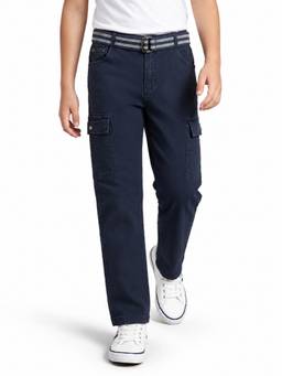 CAVIO - Boys Navy Blue Cotton Solid Cargo Pocket Jeans with Belt