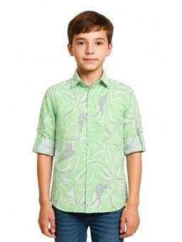 CHARCHIT - Boys Green Printed Full Sleeves Cotton Linen Shirt