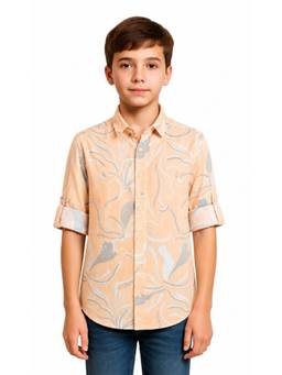 CHARCHIT - Boys Orange Printed Full Sleeves Cotton Linen Shirt