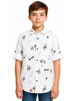 CHARCHIT - Boys White Printed Full Sleeves Cotton Linen Shirt