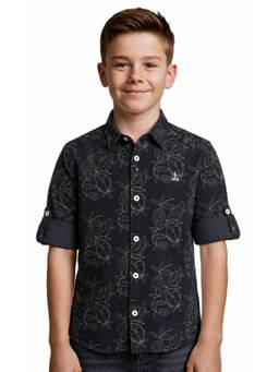 CAVIO - Boys Black Full Sleeves Cotton Floral Printed Shirt