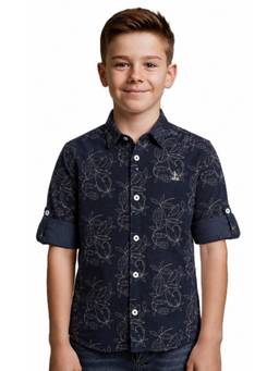 CAVIO - Boys Navy Blue Full Sleeves Cotton Floral Printed Shirt