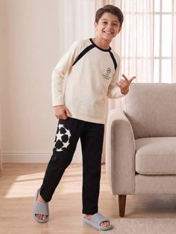 Lil Tomatoes - Boys Off White-Black Graphic Printed T-shirt with Pyjama