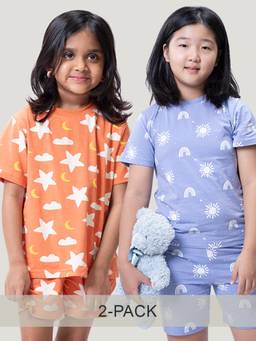 Kauma - Girls Multi-Color Bamboo Cotton Printed Co-Ord Set (Pack of 2)