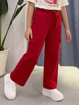 Lil Tomatoes - Girls Red Cotton Drawstring Solid Cargo Pant