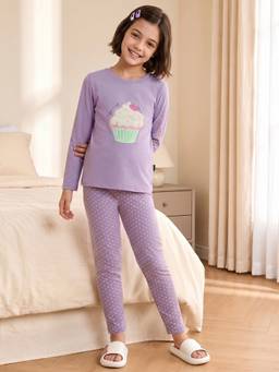 Lil Tomatoes - Girls Purple Cupcake Embroidered T-shirt with Pyjama