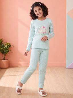Lil Tomatoes - Girls Sea Green Cupcake Embroidered T-shirt with Pyjama