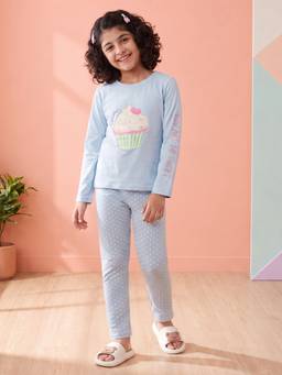 Lil Tomatoes - Girls Blue Cupcake Embroidered T-shirt with Pyjama