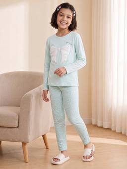 Lil Tomatoes - Girls Sea Green Embroidered Bow T-shirt with Pyjama