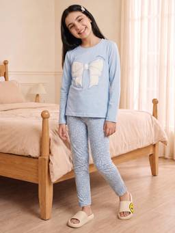 Lil Tomatoes - Girls Blue Embroidered Bow T-shirt with Pyjama