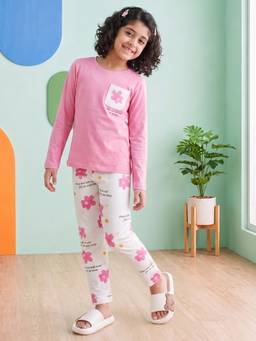 Lil Tomatoes - Girls Pink Floral Printed T-shirt with Pyjama
