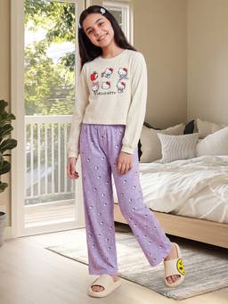 Lil Tomatoes - Girls Lavender-Off White Graphic Printed T-shirt with Pyjama